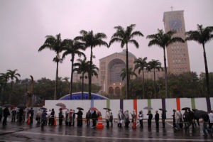 Atraso, confuso e chuva marcam entrada de fiis no Santurio Nacional