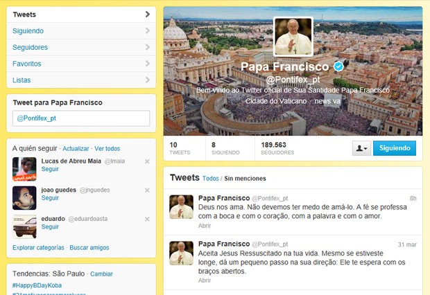 Papa Francisco faz dobrar nmero de seguidores da conta papal do Twitter
