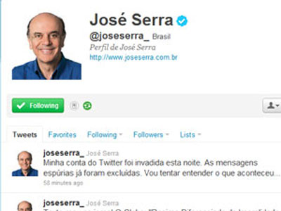 Jos Serra diz que seu perfil no Twitter foi invadido