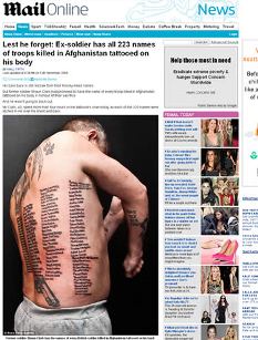 Ex-militar britnico tatua os nomes de 223 colegas mortos no no front do Afeganisto