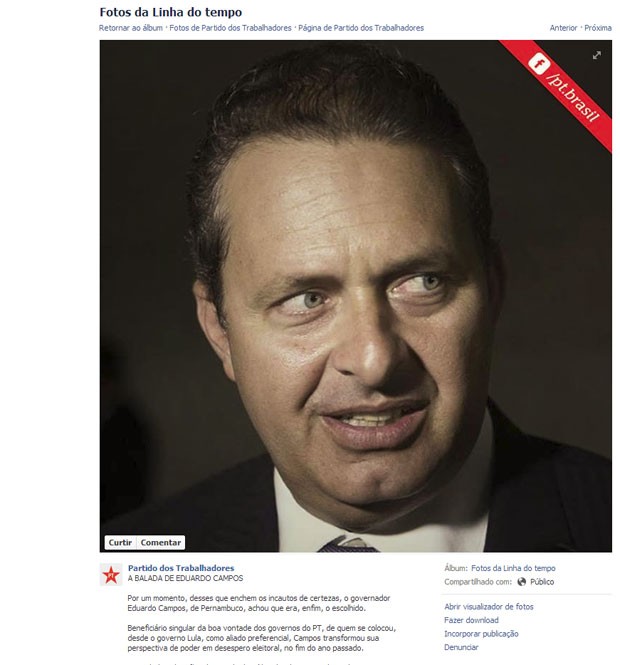 Pgina do PT no Facebook publica texto com ataques a Eduardo Campos