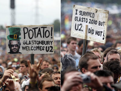 Fs levam cartazes com crticas ao U2 no Glastonbury