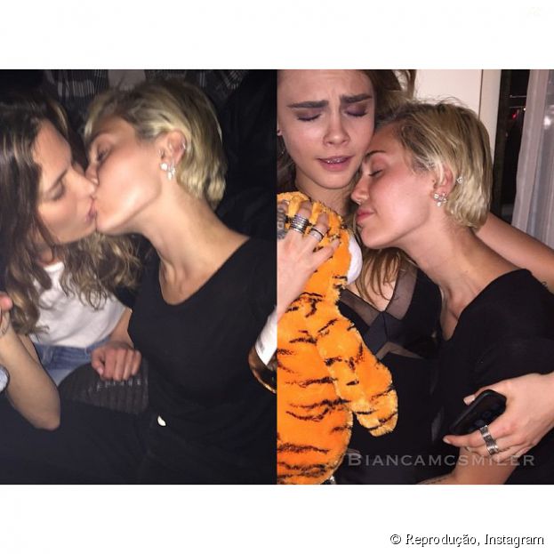 Miley Cyrus beija outra mulher e curte festa com Cara Delevi