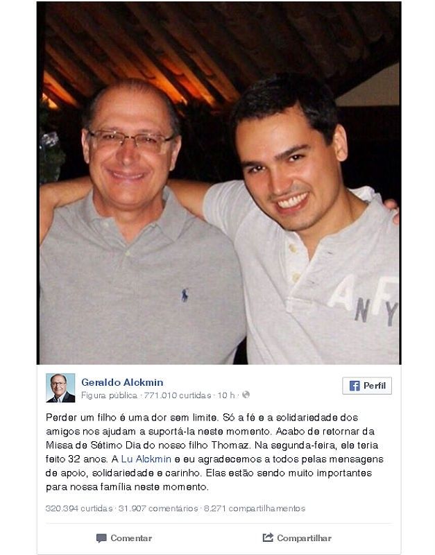 Dor sem limite, diz Alckmin sobre a morte do filho caula